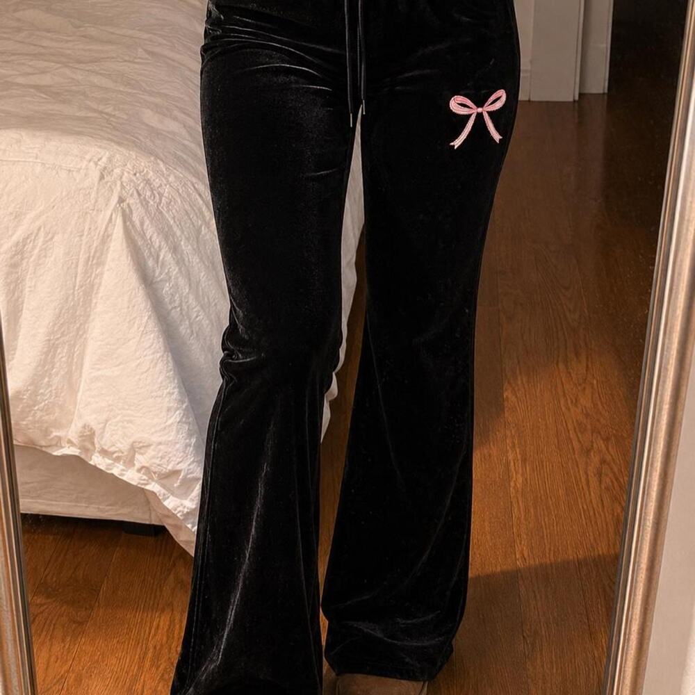 SWS Athletics Black Velour Flare Pants Pink Bow S